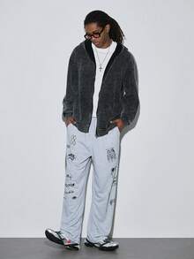 Modcrash 秋冬季“顺其自然”图案男士连帽卫衣，略带弹性的做旧水洗棉黑色长袖开衫拉链卫衣，户外日常休闲外套 - 黑色 - 查看 3