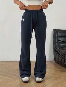 Solflare 大码休闲百搭骑士刺绣喇叭裤 - 藏蓝色 - 查看 4