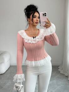 SHEIN Elenzya Women's Ruffled Lace Patchwork Knit Top - Pink - View 5