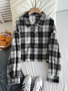 Comfortcana Plus Size Vintage Plaid Loose Fit Drop Shoulder Long Sleeve Short Casual Shirt, Autumn/Winter