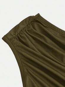 SHEIN 青少年女孩休闲优雅不对称领口褶饰腰部紧身针织长裙，适合万圣节派对、返校装、聚会，橄榄绿