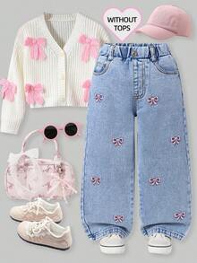 ChillGRL Young Girls Fashion Snowflake Washed Distressed Embroidered Flare Pants Jeans With Pink Bows - Light Wash - View 1