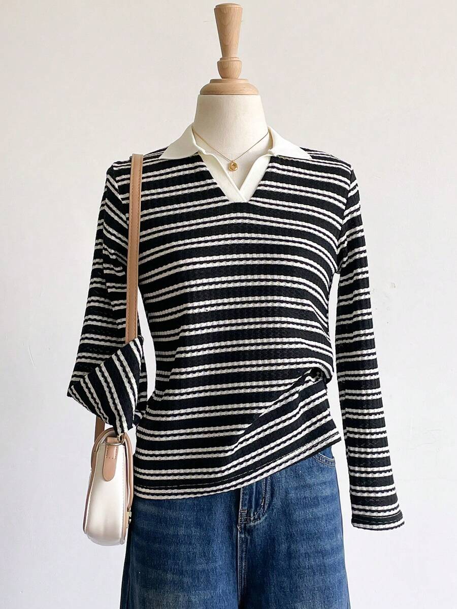 Sweetra Young Girls Striped V-Neck Long Sleeve Base Layer T-Shirt, Autumn/Winter - Black - View 1