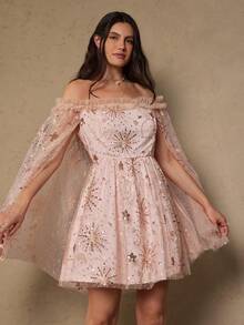 Freevana 大码女式优雅派对连衣裙，露肩亮片网眼拼接喇叭袖宽松连衣裙 - 杏色 - 查看 4