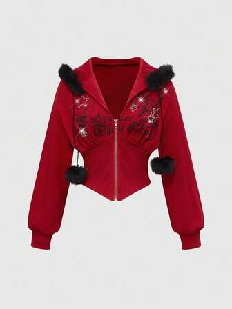 Grunge Punk Sweat-shirt à capuche ajusté imprimé léopard de la sous-culture Y2K avec imprimé floral vintage et ornements de strass