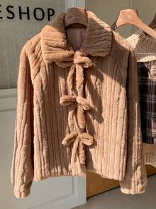 Comfortcana Women's Fashion Casual Bow Faux Fur Long Sleeve Jacket - Mocha Brown - View 4
