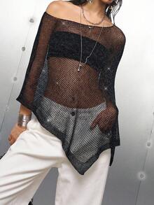 LYSMO Áo choàng cổ bất đối xứng màu trơn dành cho nữ - màu đen - Xem 4