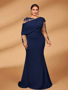 Serin Đầm dáng đuôi cá ôm sát, thanh lịch, lãng mạn, sang trọng, chất liệu vải dệt kim co giãn, phối lưới tương phản, vai bèo nhún bất đối xứng, thích hợp cho tiệc tối, hẹn hò, dạ hội, kỳ nghỉ, đám cưới, váy cho mẹ cô dâu, ngày Valentine. - Màu xanh hải quân - Xem 8