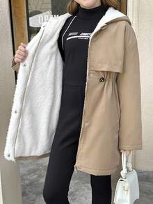 SHEIN 少女服装，纯棉水洗保暖内衬夹克，卡其色中长外套，适合返校、开学典礼、日常穿着、上学、旅行、运动、冬季、圣诞节等场合。 - 卡其色 - 查看 7