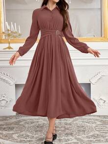 Modelyn 简约前扣系带领长袖端庄连衣裙长款晚礼服 - 粉色 - 查看 3