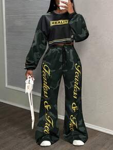 Slaydiva 2025 Winter New Style Christmas New Year Birthday Party Banquet Preppy Style Student Wear Everyday Street Basic Versatile Casual Cruise Travel Influencer Hot Style Street Style Elegant Commuter Business Casual Club Punk Racing Girlish Cool Motorcycle Style Letter Slogan Pattern Round Neck Long Sleeve Cropped Loose Top + Camouflage Letter Print Loose Straight Pants Autumn And Winter Set Christmas Set New Year Set Women's Two-Piece Set