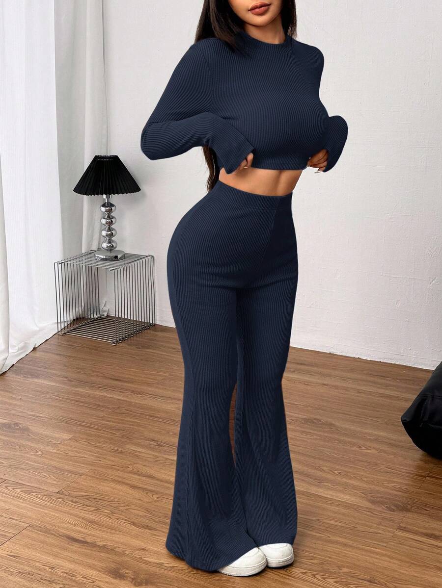 SHEIN EZwear 2 件套女式休闲纯色针织圆领长袖短款修身 T 恤和高腰喇叭裤 - 藏蓝色 - 查看 1