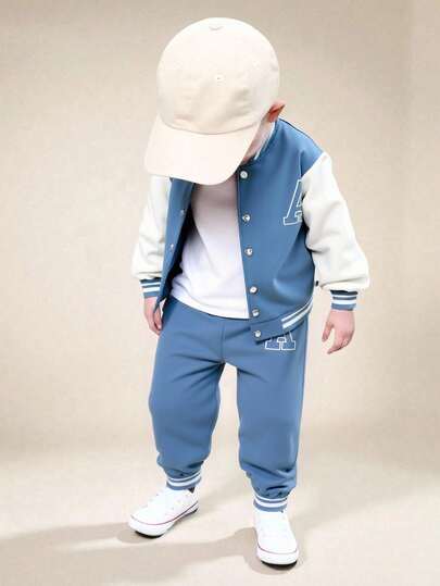 Explorewe SHEIN KIDS,Gift Ideas For 10 Year Old Boy, Best Christmas Gifts 2025,2pcs/Set Boys' Collegiate Style Outfit: Black Knit Top With White Sleeves, Large Letter A Print, Matching Printed Sweatpants With Ribbed Collar, Cuffs And Hem, Elastic Waist For Comfort, Casual