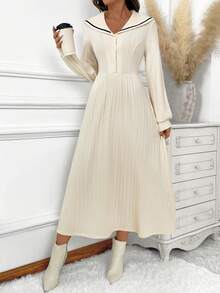 EMERY ROSE Women's Casual Contrast Piping Sailor Collar Lantern Sleeve Waist Cinched Dress, Spring/Autumn - Beige - View 5