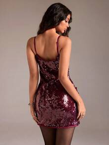 SHEIN Unity 1pc Wine Red Sequin Ruched Bodycon Party Christmas Mini Dress For Women, Suitable For Summer, Autumn & Winter - Burgundy - View 2