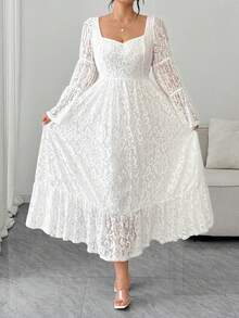 Elenzga Vestido de mujer talla grande con cuello cuadrado de encaje y mangas acampanadas, elegante para citas - Blanco - Ver 7
