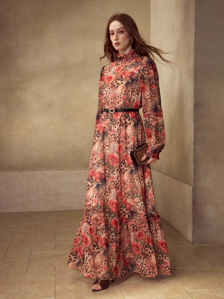 WOMEN'S ROSE & LEOPARD PRINT ELEGANT DRESS WITH FAUX PEARL BELT, SUITABLE FOR VACATION