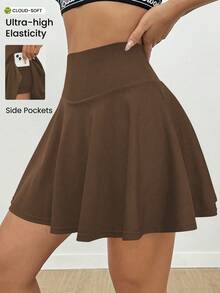 Eassivo Eassivo Minifalda de cintura alta de unicolor y bolsillo lateral minimalista para mujer - Café integral - Ver 4