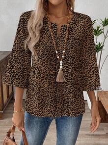 EMERY ROSE Plus Size Casual Leopard Print Shirt Cheetah Print,Summer/Spring - Brown - View 3