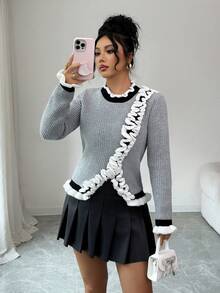 SHEIN Elenzya Blusa de malha feminina elegante e moderna com acabamento em renda e manga comprida - Cinza - Ver 6