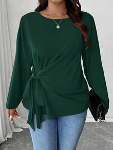 EMERY ROSE Áo cánh thường ngày cổ tròn tay dài buộc gấu cỡ lớn có nơ - Màu xanh lá cây đậm - Xem 4