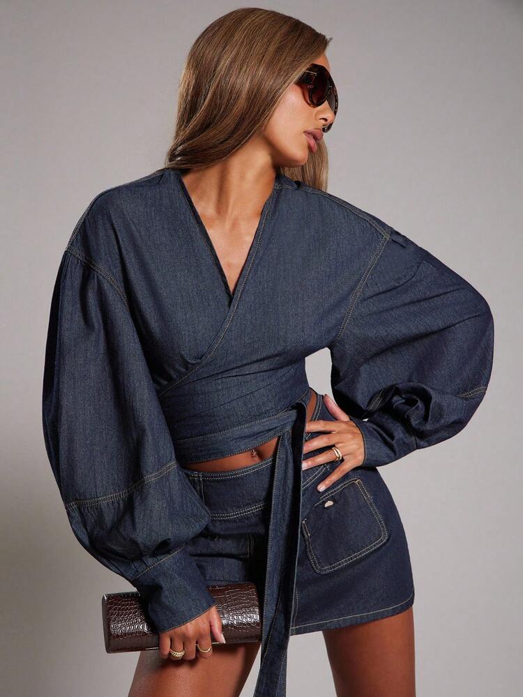 NYA SZN Top de Manga Longa Oversized com Detalhe de Amarração em Denim, Adequada para Uso Casual, Escritório, Trabalho, Igreja, Noite, Outono, Inverno, Declaração, Dia dos Namorados, Mulheres - Lavagem escura - Visão 3