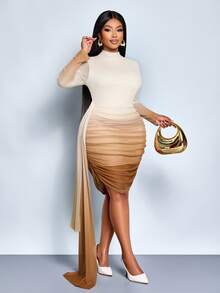 SOLERSUN Plus Size Women's Beige Elegant Curve Cocktail Wedding Guest Autumn Dress,Stand Collar Long Sleeve Gradient Mesh Print Slim Fit Pleated Short Dress - Apricot - View 5