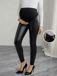 Momance 孕妇高弹力腰PU皮革紧身裤 - 黑色 - 查看 1