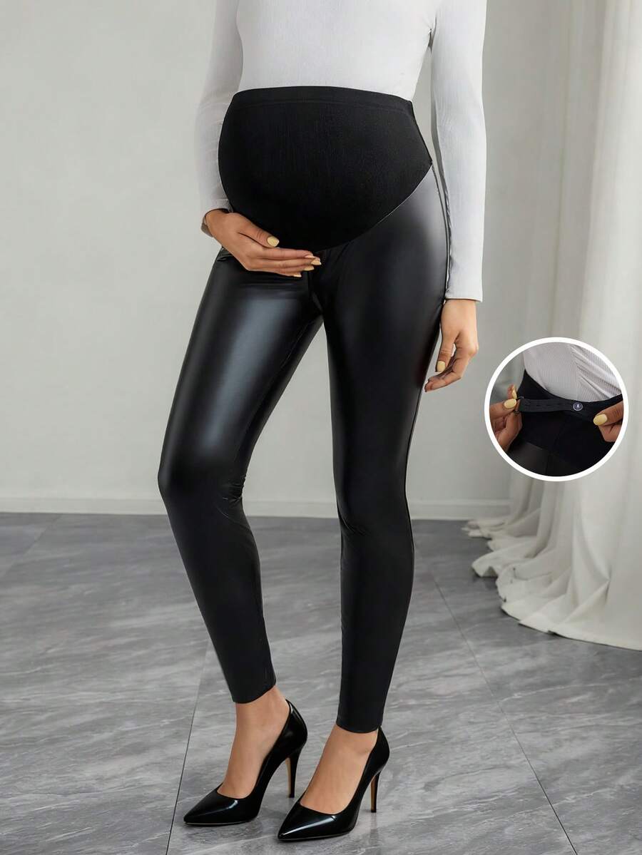Momance 孕妇高弹力腰PU皮革紧身裤 - 黑色 - 查看 1