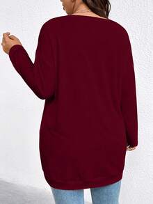 EMERY ROSE Plus Size Women Casual Solid Color Pocket Long Sleeve T-Shirt - Burgundy - View 3