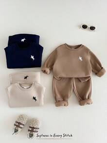 Cozy Pixies 6pcs Baby Boys Letter Pattern Knit Soft Crew Neck Long Sleeve Pullover Sweatshirt & Elastic Waist Pants Set, Thermal Lined Thick For Winter - Multicolor - View 6