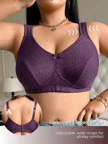 DesireSculpt 1pc Plus Size Women's Solid Color Elegant Comfortable Soft Jacquard Bow Decor Soft Sponge Adjustable Strap Wireless Bra - Maroon - View 3