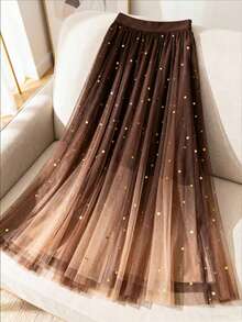 Lyxana Women's Elegant Brown Polka Dot Tulle & Sequin A-Line Skirt,French Vintage Street Style For Autumn Party,Christmas,New Year & Daily Commute Business - Multicolor - View 4