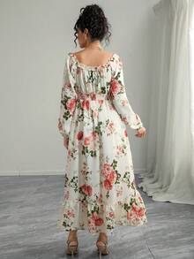 Momance Maternity Floral Print Ruched Chest Flounce Sleeve High Slit Hem Dress, Vacation Style, Spring/Autumn - Multicolor - View 2