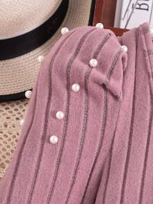 SHEIN 2 件套女童优雅串珠针织罗纹毛绒圆领泡泡袖上衣和简约针织裤休闲装，秋冬 - 粉色 - 查看 8