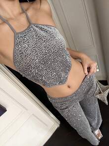 SHEIN Unity Women's Sexy Silver Sequin Cropped Backless Tie-Front Top And Flare Leg Pants 2 Pieces Set, Party Outfit. Christmas/ New Year's Eve Party Essentials. - Silver - View 1
