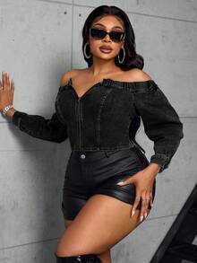 SHEIN SXY Plus Size Solid Color Off Shoulder Zipper Fitted Long Sleeve Denim Top - Black - View 4