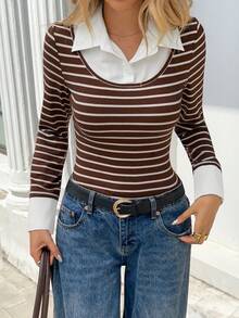 Chiquease [Herbst Neuankunft: Eleganter Preppy - Stil 2 in 1] Retro Braun - Weiß Fein - Gestreiftes Slim - Passform Gestricktes T - Shirt, mit weißem Hemdkragen & Manschetten, ein sanfter und schicker Slim - Passform Langarm Layering Top - Kaffeebraun - Übersicht 5