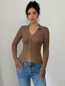 Elenzga Cardigan Kasual Warna Polos dengan Kerah Lipat dan Lengan Mengembang, Pas Badan, Musim Gugur - Khaki - View 4