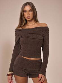 SHEIN BAE 秋季时尚通勤纯色露肩短款上衣 - 咖啡棕 - 查看 8