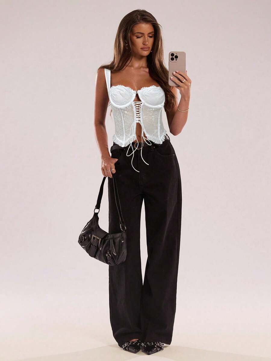 SHEIN BAE Áo hai dây ren chéo thời trang nữ, mùa hè - trắng - Xem 1