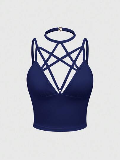 ROMWE Goth Women's Summer Solid Color Sexy Criss-Cross Strap Fitted Camisole