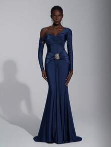 Elitara Váy đuôi cá bay phía trước, tay dài, vai lệch bất đối xứng, chất liệu thun màu nâu thanh lịch, trang trí kim loại, phù hợp cho đám cưới, tiệc tùng, kỳ nghỉ, váy dạ hội (dày dặn) - Màu xanh hải quân - Xem 1