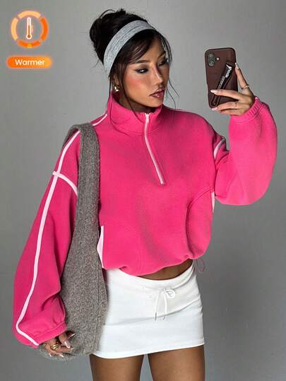 Dewbera 女式宽松羊毛套头衫，拼色拼接半拉链，带口袋和抽绳下摆，适合日常休闲穿着、跑步、瑜伽、健身、网球、秋冬/春季