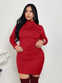 Firerie Plus Size Red Autumn Classy Satin Party Dress, Long Sleeve Ruched Bodycon Mini Dress,Elegant Curvy Fitted Mermaid Style Gala Wedding Valentine's - Red - View 3