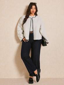 Elaquor Plus Size Winter Casual Simple All-Match Versatile Fleece Contrast Color Dogtooth Trim Boxy White Women Jacket - Beige - View 3