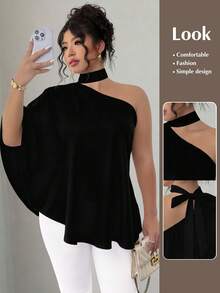 SHEIN Elenzya Plus Size Oblique Collar Halter Tie Dye Print Shirt - Black - View 1