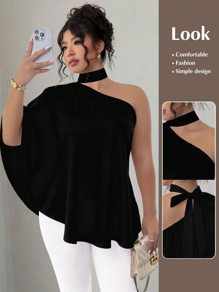 SHEIN Elenzya Plus Size Oblique Collar Halter Tie Dye Print Shirt - Black - View 1