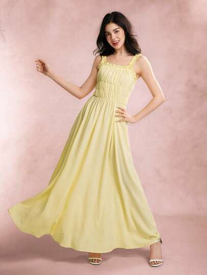 Teen Girls Yellow Sleeveless Cinching Waist Bowknot Dress, Suitable For Vacation, School, Spring/Summer Yellow Formal Dress Lemon Dress Yellow Dress Teen Formal Dress Teen Long Yellow Dress