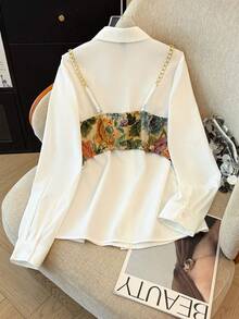GlowEve 女士优雅提花花卉金属链吊带背心上衣和背心两件套，秋冬 - 白色 - 查看 2